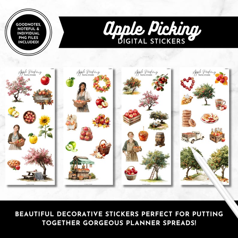May include: Digital sticker set featuring apple picking illustrations. The stickers include images of apple trees, baskets of apples, and people picking apples. The text "Apple Picking Digital Stickers" is displayed in a banner.