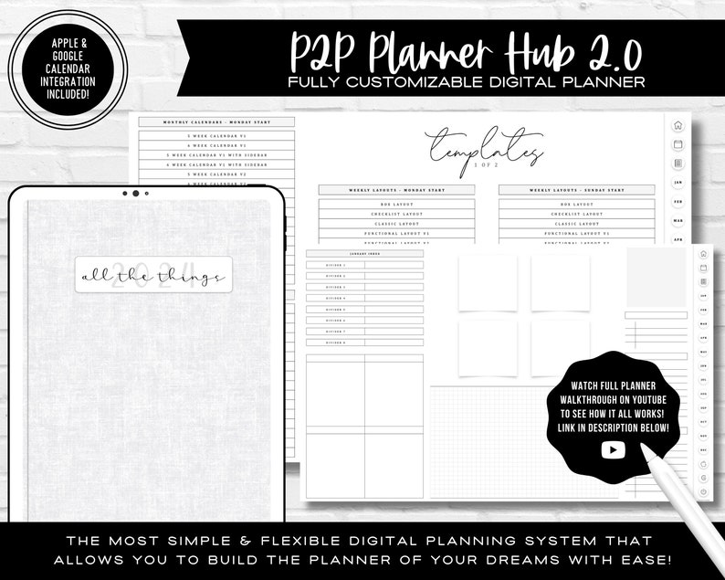 P2P Planner Hub 2.0 BEST Build As You Go Customizable Digital Planner Over 150 Templates Apple Google Calendar Integration image 1