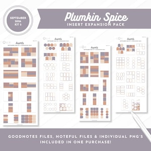 May include: A digital planner insert expansion pack titled Plumkin Spice September 2026 Kit 2. The set includes four vertical sheets featuring various rectangular, circular, arched, and hexagonal sticker shapes in muted purple, peach, and tan tones.