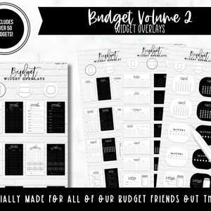 May include: Black and white printable budget planner widget overlays. The image shows a variety of budget-related widgets, including calendars, trackers, and spending logs. The text "Budget Volume 2 Widget Overlays" is at the top of the image.