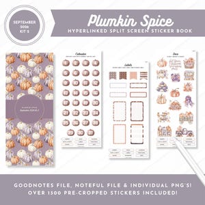 Puede incluir: Un libro de pegatinas digitales titulado Plumkin Spice September 2026 Kit 2, con fondo morado, patrones de calabazas, fechas de calendario, etiquetas y cliparts decorativos. Incluye más de 1300 pegatinas precortadas para GoodNotes y Noteful.