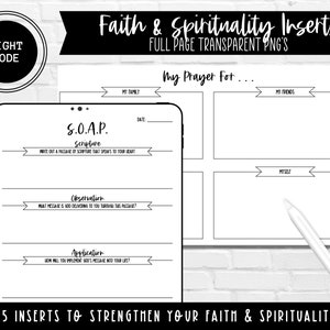 May include: Black and white printable planner page with the text "My Prayer For..." and sections for "My Family", "My Friends", and "Myself". The page also includes a section for "S.O.A.P." with the headings "Scripture", "Observation", and "Application".