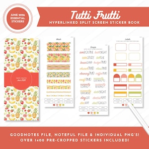 Op de afbeelding: Een digitaal stickerboek genaamd "Tutti Frutti" met een fruitthema. De stickers bevatten washi tape, labels en scriptwoorden. Het ontwerp bevat illustraties van ananassen, aardbeien en bananen. De tekst bevat "June 2026 Essential Stickers".