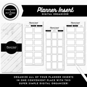 May include: Digital planner insert with the text "Planner Insert DIGITAL ORGANIZER". The image shows a white background with black text and graphics. The design includes a split-screen PDF option and a layout for landscape, portrait, and binder organization.