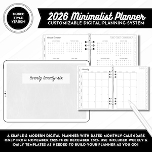 Może przedstawiać: Cyfrowy planer o minimalistycznym designie. Obraz przedstawia tablet z napisem "twenty twenty-six" oraz otwarty segregator z miesięcznymi stronami kalendarza. Widoczny jest również tekst "2026 Minimalist Planner".
