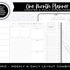 May include: A digital planner template with a weekly and daily layout. The planner is undated and includes a section for notes, tasks, and appointments. The text "One Month Planner" and "Hybrid - Weekly & Daily Layout Combined!" is visible on the image.
