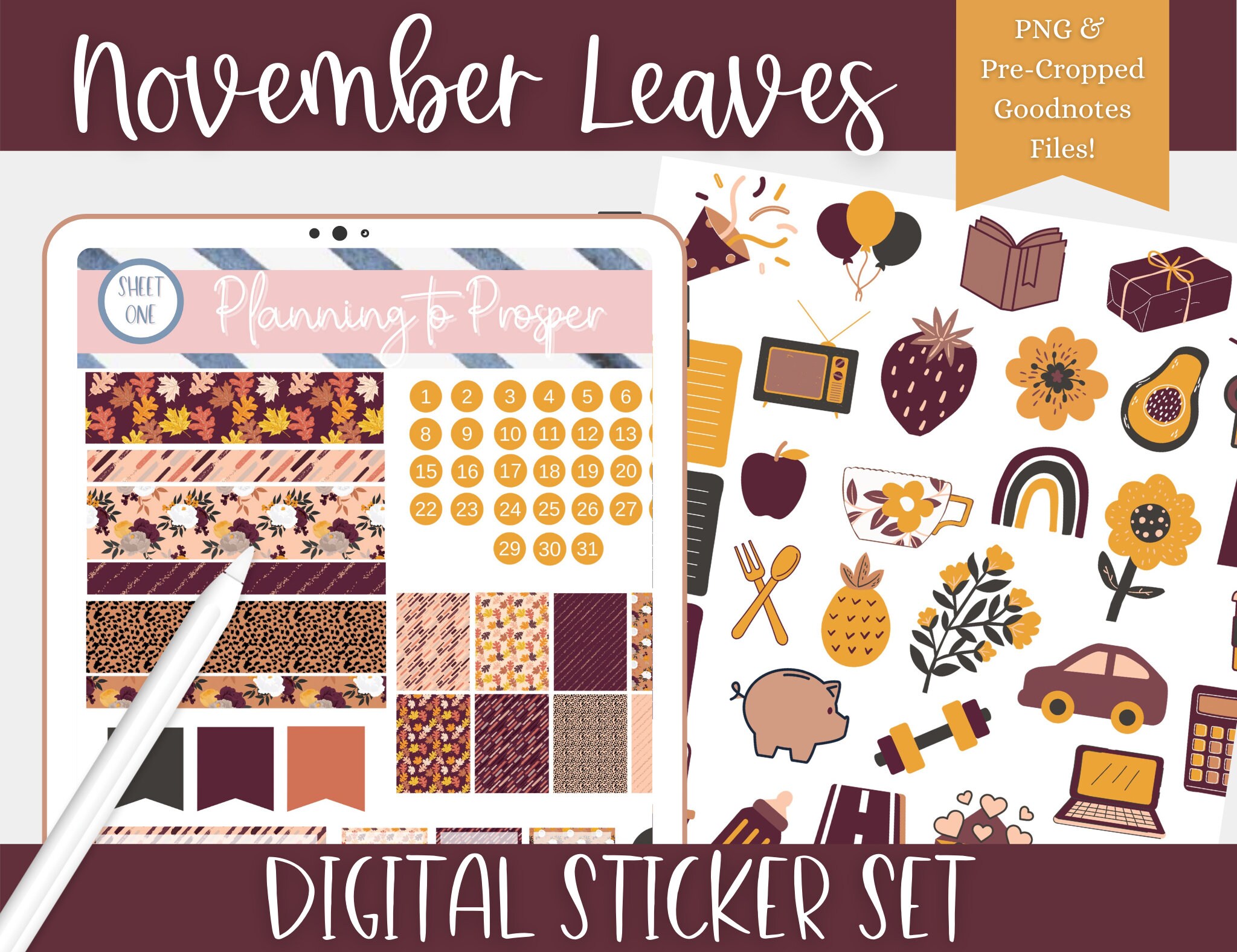 November Leaves Digital Sticker Set Pre-Cropped Stickers | Etsy