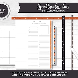 May include: Digital planner tabs with a Halloween theme. The tabs are black, orange, and gray, with the words "Spooktacular Fun" at the top. The planner includes a monthly calendar, daily planner pages, and a set of numbered tabs. The text "Kit 33 2025" is also visible.