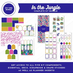 May include: A digital sticker and planner insert bundle titled In the Jungle July 2026. Includes sheets with colorful geometric shapes, animal print patterns, tropical foliage, jungle animal illustrations, and various rectangular and scalloped frames.
