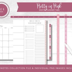 May include: A digital planner tab set with pink and white color scheme. The tabs are labeled with numbers 1 through 12. The text "Pretty in Pink" and "Digital Planner Tabs" is displayed on the image. The image also includes a calendar page for February 2025.