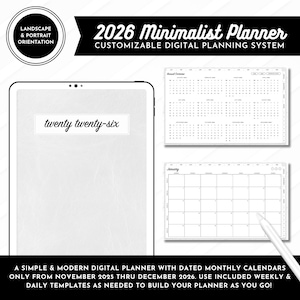 May include: A digital planner with the text "2026 Minimalist Planner" and "twenty twenty-six". The image shows a tablet with calendar templates and a stylus. The planner includes monthly calendars from November 2025 to December 2026.