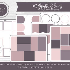 Op de afbeelding: Digitale planner-invoegtoepassingen in tinten mauve, grijs en wit. De afbeelding toont verschillende digitale planner-lay-outs met geometrische ontwerpen. Tekst bevat "Midnight Blooms", "Kit 32 2025" en details over bestandstypen en het aantal invoegtoepassingen.