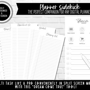 May include: A black and white printable planner sidekick with sections for a weekly overview, schedule, appointment log, checklist, shopping list, and notes. The text "Planner Sidekick" is at the top of the page. The text "MULTI TASK LIKE A PRO CONVENIENTLY IN SPLIT SCREEN MODE WITH THIS "DREAM COME TRUE" TOOL!" is at the bottom of the page.