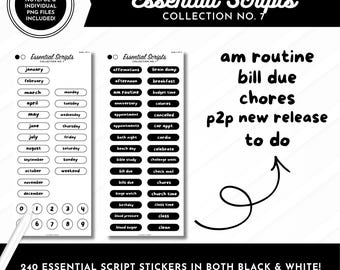 Essential Script Stickers | Collection No. 7 | 240 Stickers in Black + White | Pre-Cropped Digital Stickers | Goodnotes, Noteful + PNGs