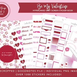 Könnte beinhalten: Ein digitales Stickerbuch mit über 1000 Stickern zum Thema Valentinstag. Die Sticker sind vorgeschnitten und liegen in einer Goodnotes-Datei vor. Das Cover zeigt ein pink-rotes Herzdesign mit dem Text "Be My Valentine" und "Hyperlinked Split Screen Sticker Book".