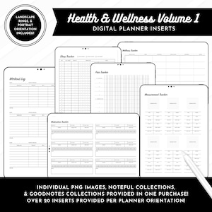 Planificador de salud y bienestar v1: Vertical, horizontal, con anillos, Goodnotes, archivos de colección Noteful y PNG