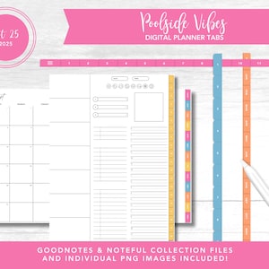 2025 Kit 25 Digital Planner Tabs | Poolside Vibes | Goodnotes & Noteful Collection Files + Individual PNG&#39;s | PreCropped Stickers