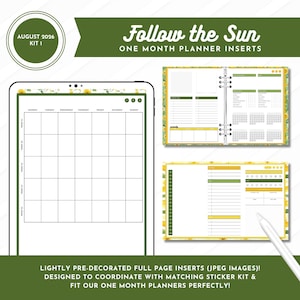 May include: A digital planner kit titled Follow the Sun August 2026 Kit 1, featuring one-month planner inserts with a sunflower theme. The set includes a monthly calendar grid, daily task lists, and habit trackers in shades of green and yellow.
