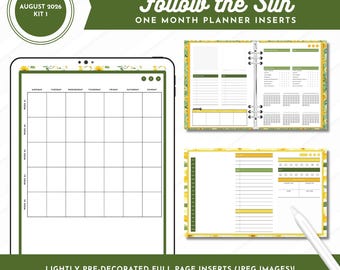 August 2026 Kit 1 One Month Planner Inserts | Follow the Sun | Decorated Full Page JPEG Images | Landscape, Portrait + Ringed Included!