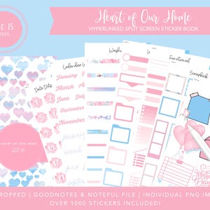 May include: A digital sticker book with a pink and blue watercolor heart design. The sticker book includes a variety of stickers for planning, journaling, and scrapbooking. The title of the sticker book is "Heart of Our Home" and the kit number is 15. The sticker book is precropped for use with Goodnotes and Noteful apps. Over 1000 stickers are included.