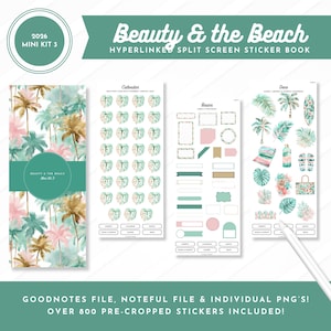 May include: A sticker book titled "Beauty & the Beach" with a tropical theme. The cover features palm trees in shades of teal, pink, and gold. Inside are various stickers for calendars, basics, and decor, including monstera leaves and beach-themed elements.