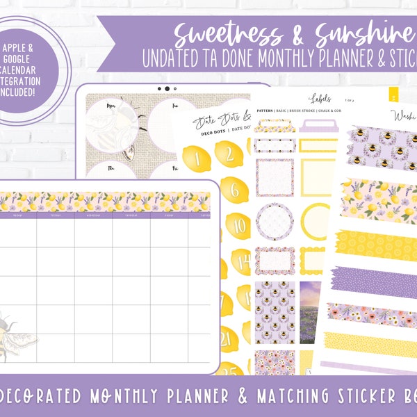 Ta Done v8 Undated Monthly Digital Planner & Stickers | Sweetness + Sunshine | Decorated + Hyperlinked | Apple + Google Calendar