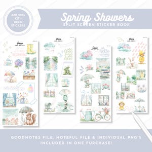 May include: A set of decorative stickers with a spring theme. The stickers feature watercolor illustrations of bunnies, umbrellas, flowers, and rain. Text includes "Spring Showers" and "hello spring". The stickers are designed for digital use.