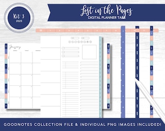 2025 Kit 3 Digital Planner Tabs | Lost in the Pages | Goodnotes Collection Files + Individual PNG&#39;s | PreCropped Stickers