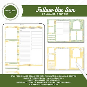May include: A digital planner kit titled Follow the Sun Command Centers August 2026 Kit 1. The set includes daily planning pages with sunflower and daisy floral backgrounds, featuring blank rectangular spaces, checklists, and a spiral-bound layout.