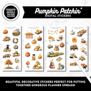 May include: A set of digital stickers with watercolour illustrations of pumpkins, autumn leaves, and fall-themed elements. The stickers include pumpkins, a fox, a squirrel, and other autumn images. The text "Pumpkin Patchin' DIGITAL STICKERS" is displayed.