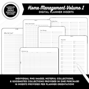 May include: Digital planner inserts for home management, Volume 1. The image shows several digital planner pages with titles like "When Did I Last?", "Online Order Tracker", and "Passwords". The planner includes landscape rings and portrait orientation. Text on the image says "Individual PNG images, Noteful collections, & Goodnotes collections provided in one purchase!"
