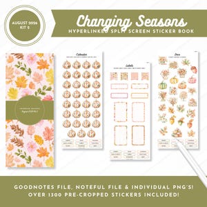 May include: A digital sticker book titled Changing Seasons August 2026 Kit 2, featuring a cover with autumn leaves, a calendar page with pumpkin-themed date stickers, a labels page, and a deco page with seasonal illustrations and a stylus.