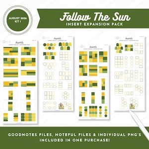 May include: A digital planner sticker set titled Follow The Sun Insert Expansion Pack August 2026 Kit 1. The set includes four vertical sheets featuring various yellow, light green, and dark green rectangular, circular, and hexagonal shapes.