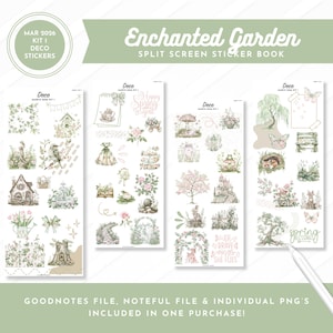 May include: A sticker book titled "Enchanted Garden" with decorative stickers. The stickers feature watercolor illustrations of garden elements, including houses, flowers, and animals. The text "Mar 2026 Kit 1 Deco Stickers" is also present.