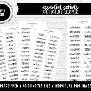 Pode incluir: Um conjunto de adesivos de planejador imprimíveis com um design de tela dividida. Os adesivos são brancos com texto preto e incluem frases como "Reunião", "Manhã", "Hoje", "Amanhã", "Tarde", "Hora do café", "Encontro romântico" e "Destralhar".