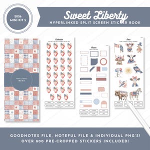 Può includere: Un libro di adesivi digitali intitolato Sweet Liberty Mini Kit 5, con una copertina patchwork rossa, bianca e blu. Include pagine con date del calendario, etichette funzionali e clipart patriottiche come aquile e animali.