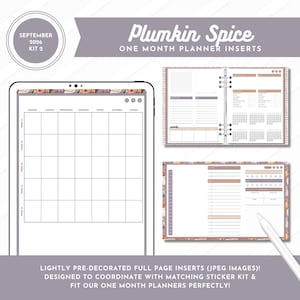 May include: Plumkin Spice one month planner inserts for September 2026 kit 2. Includes a digital tablet displaying a monthly calendar grid, a physical ring-bound planner open to daily planning pages, and a stylus pen on a flat planner layout.
