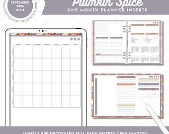 Kit de septiembre de 2026: 2 insertos para agenda mensual / Plumkin Spice / Imágenes JPEG decoradas a página completa / Formatos horizontal, vertical y con anillas incluidos.