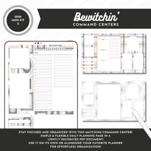 May include: A digital 2026 mini kit 2 command center planner set featuring daily planning pages with lined sections, checkboxes, and blank rectangular spaces. The layout includes a spiral-bound daily schedule and various note-taking areas with a light patterned background.