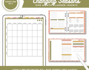 August 2026 Kit 2 One Month Planner Inserts | Changing Seasons | Decorated Full Page JPEG Images | Landscape, Portrait + Ringed Included!
