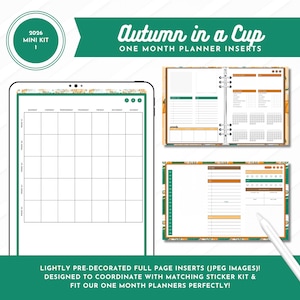 May include: A 2026 planner insert kit titled Autumn in a Cup, featuring a digital tablet display of a monthly calendar grid, a two-page open ring-bound planner layout with orange and green accents, and a single page view with a white stylus pen.