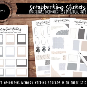 May include: A set of digital scrapbook stickers for Goodnotes. The stickers include frames, torn paper, tape, and blocks. The stickers are in a neutral color palette of gray, beige, and white.