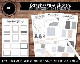 Kit 1 Scrapbooking Digital Stickers | Pre-Cropped | Split Screen | Goodnotes File + Individual PNG's included! Over 130 Stickers!