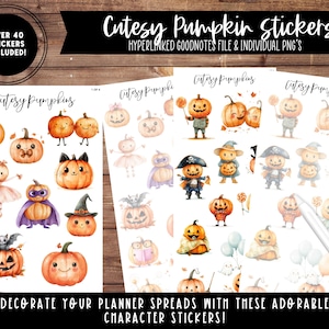 May include: A set of four printable sticker sheets featuring cute pumpkin characters. The stickers are perfect for decorating planners, journals, and other paper crafts. The sheets include a variety of pumpkins with different expressions and accessories, such as hats, scarves, and wings. The text on the sheets reads "Cutesy Pumpkins" and "Decorate your planner spreads with these adorable character stickers!"