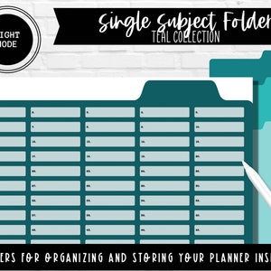 May include: Teal single subject folder with 46 numbered lines for organizing planner inserts. The folder has a white background and the text "Single Subject Folder Teal Collection" is at the top.