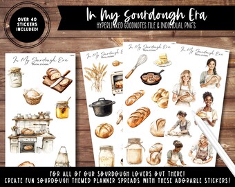 May include: A set of digital stickers featuring watercolor illustrations of sourdough bread, baking tools, and people baking. The stickers are designed for use in digital planners and include the text "In My Sourdough Era".