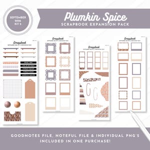 May include: A digital scrapbook expansion pack titled Plumkin Spice September 2026 Kit 2. The set includes four sheets of digital stickers featuring various frames, photo borders, washi tape strips, labels with text, tags, and patterned paper elements.
