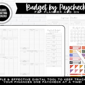May include: A digital budget planner for tracking finances by paycheck. The planner includes a budget tracker, a paycheck budget section, and a set of colorful budget stickers. The planner is displayed on a tablet.