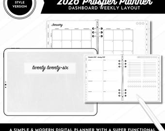 Puede incluir: Un planificador digital blanco para 2026 con diseño semanal de panel. El planificador incluye calendario, diseño semanal y sección de notas. El texto "twenty twenty-six" se muestra en la pantalla. Diseñado para ayudar a mantener el enfoque y aumentar la productividad.