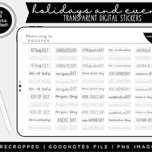 Könnte beinhalten: Ein Satz transparenter digitaler Sticker zum Planen von Feiertagen und Events. Die Sticker zeigen verschiedene Feiertage und Events, darunter den 4. Juli, den ANZAC Day, den Aprilscherz, Aschermittwoch und den Australia Day. Die Sticker sind vorgefertigt und mit Goodnotes kompatibel.